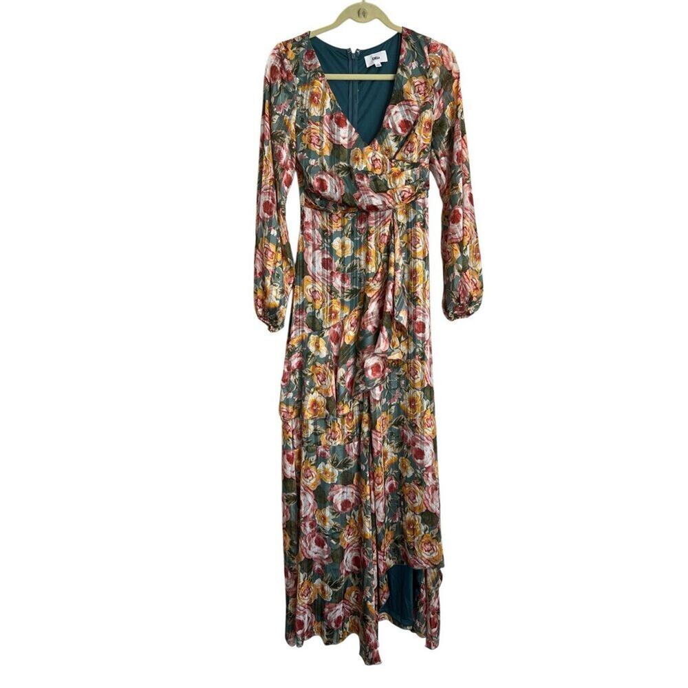Olia Dress Womens Size Small Green Maxi Floral Faux Wrap Chiffon Long Sleeve NWT
